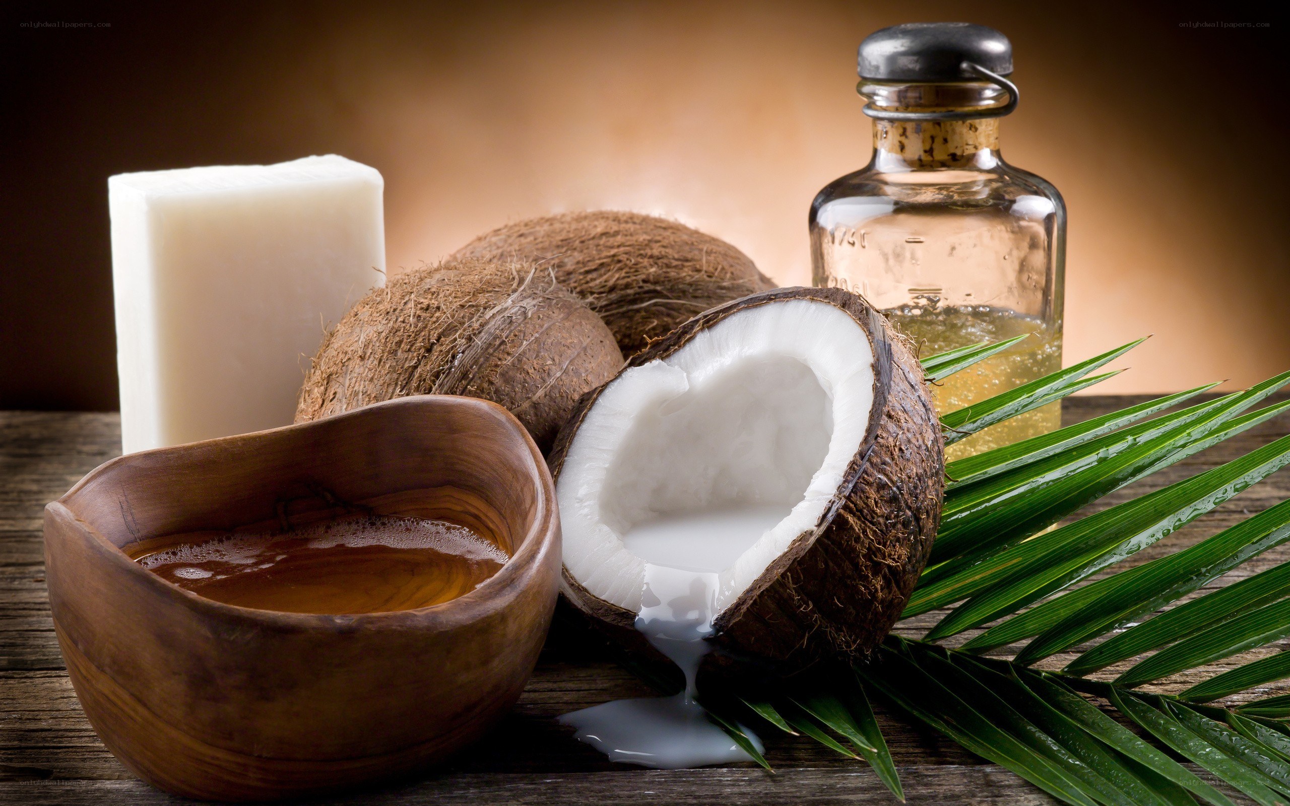 Coconut products on wooden table