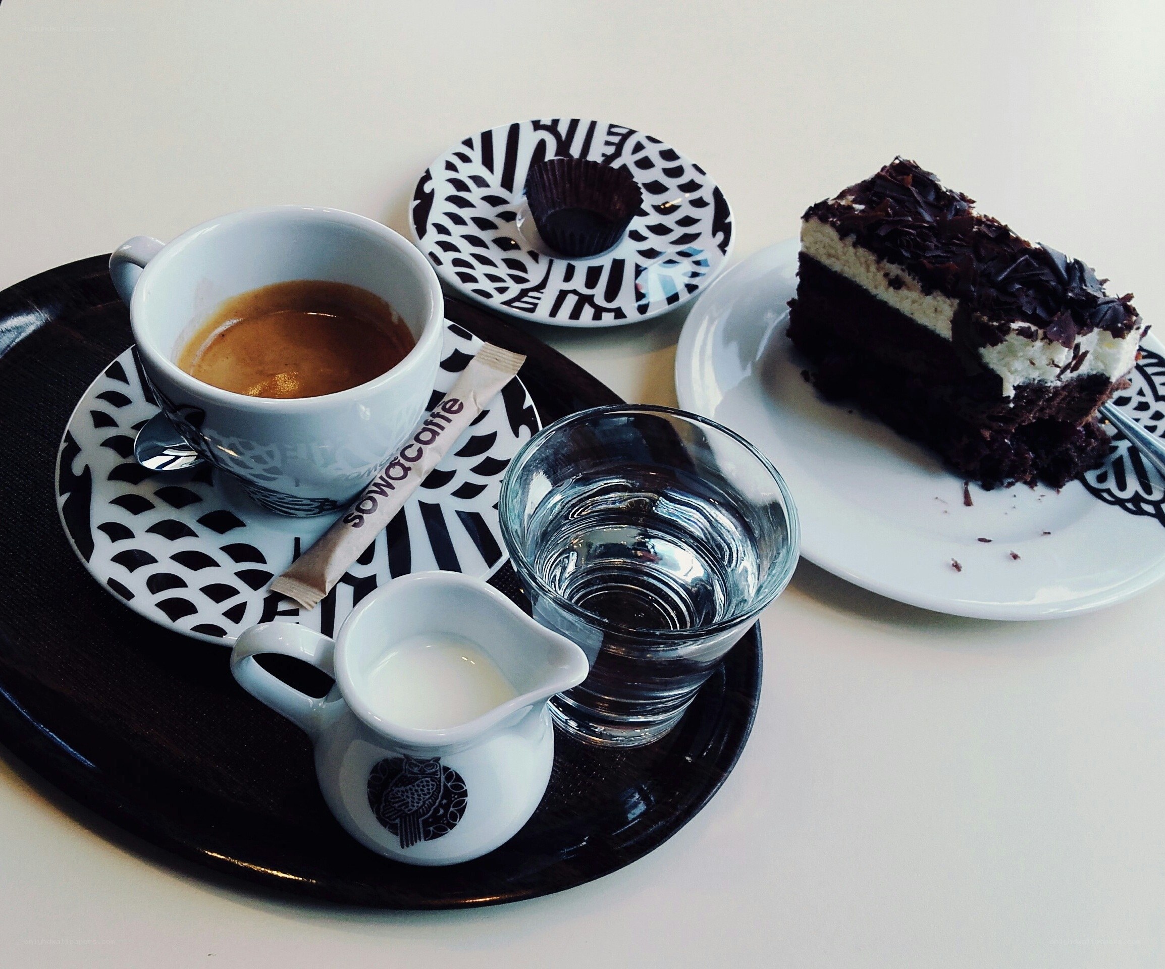 Coffee and cake on a tray