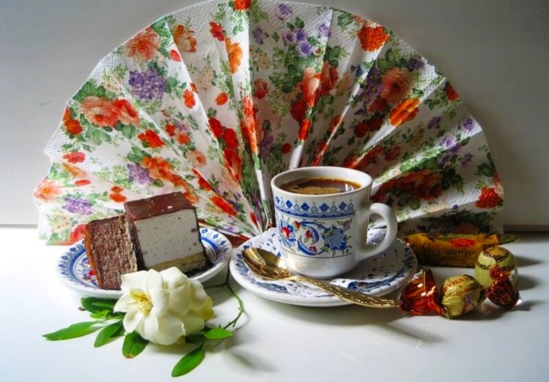 Coffee and Cake on Table — White