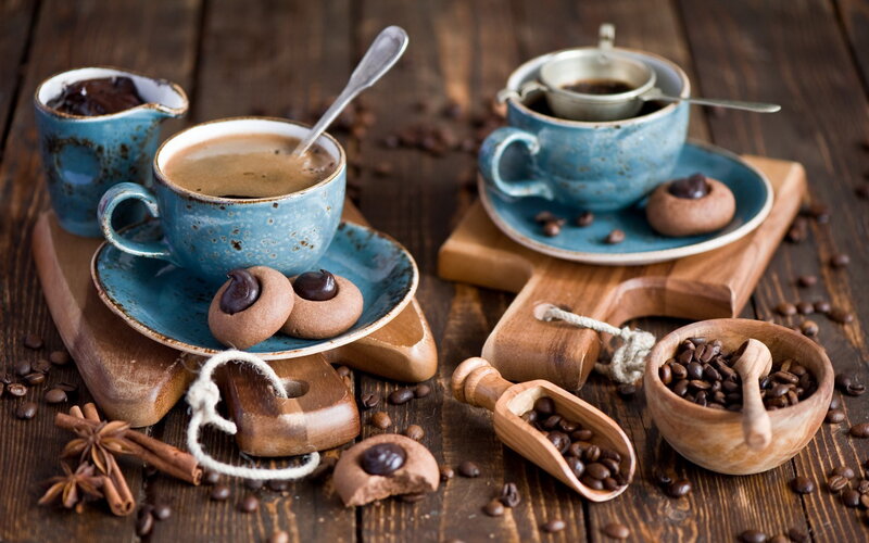 Coffee and Cookies on Wood — Brown