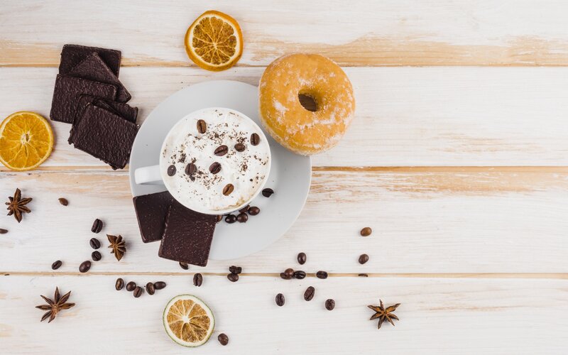 Coffee and Donut on Wood