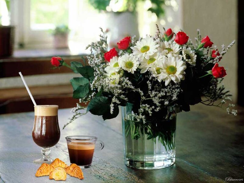 Coffee and Flowers on Table — Brown