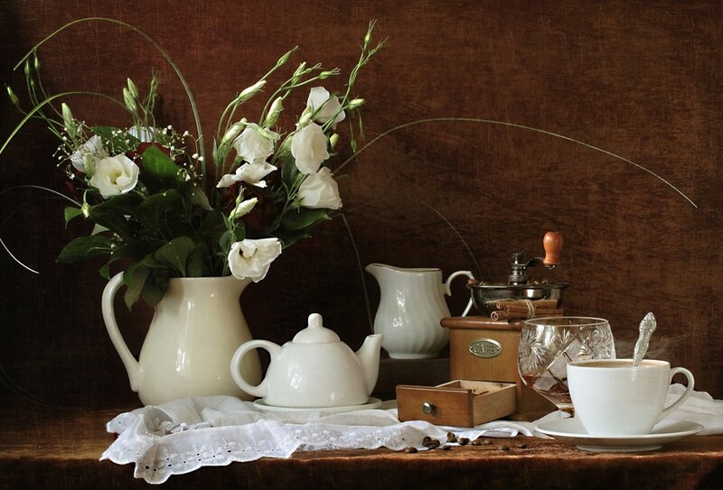 Coffee and Flowers on Table