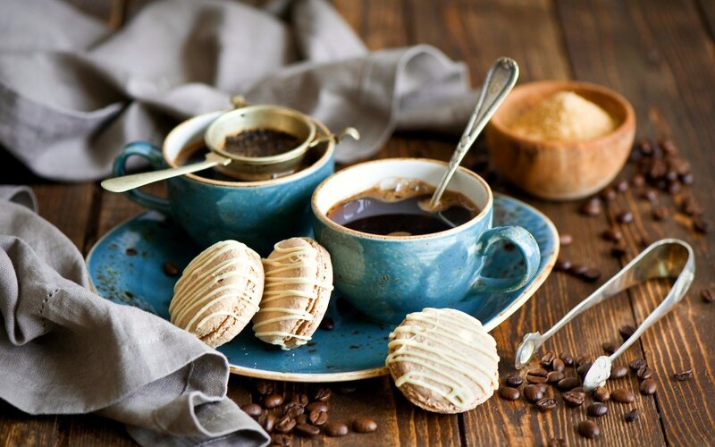 Coffee and Macarons — Blue, Cozy, Morning, Photograph