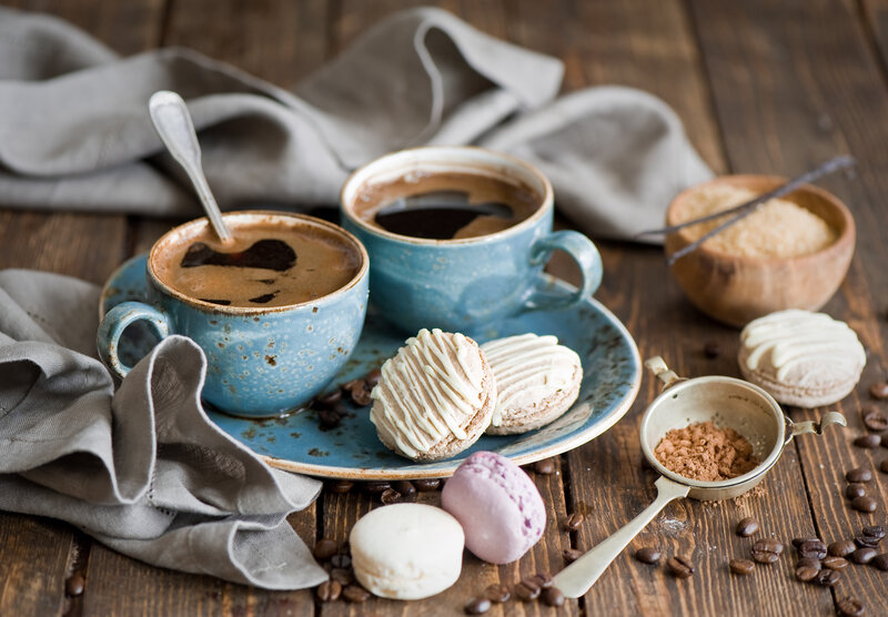 Coffee and Macarons — Blue, Cozy, Morning