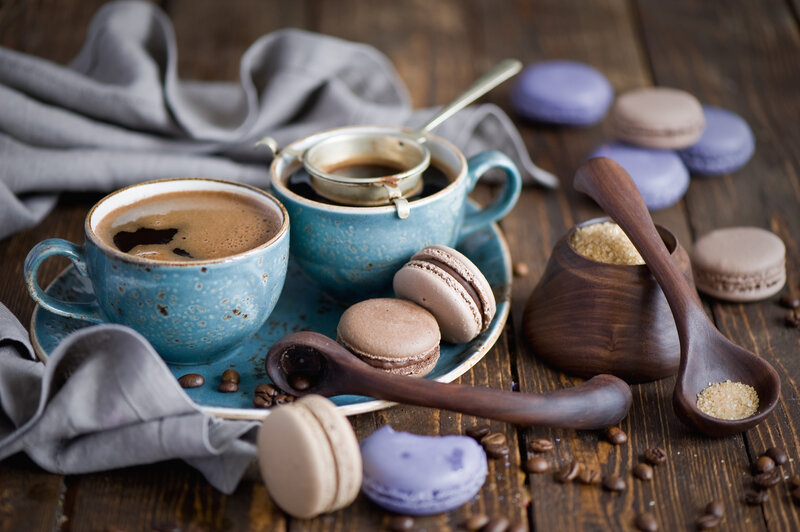 Coffee and Macarons — Blue, Cozy, Photograph