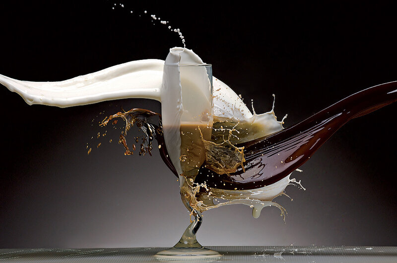 Coffee and Milk Splashing — Black, Dramatic, Photograph, Glass