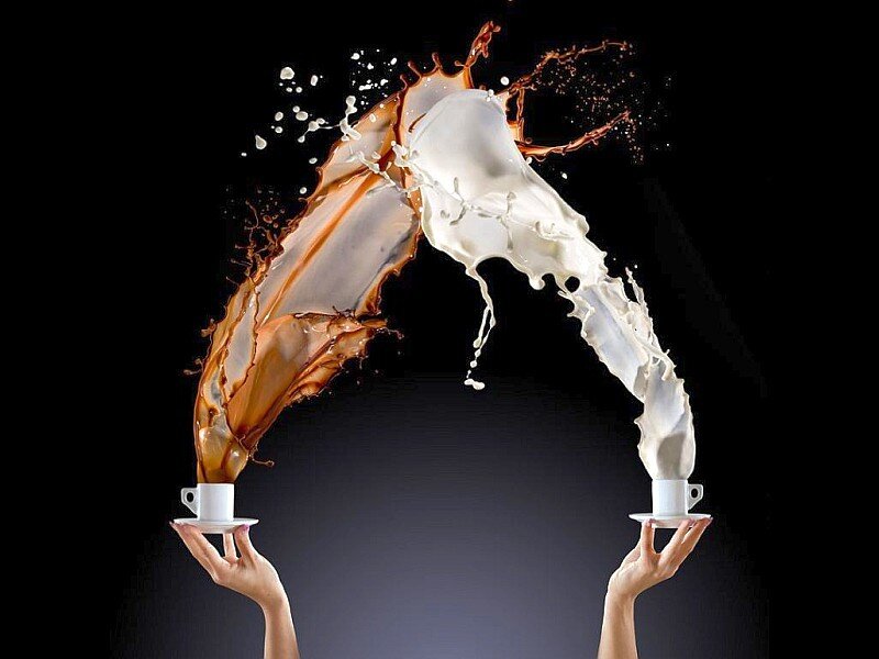 Coffee and Milk Splashing — Black, Dramatic, Photograph, Hands, Cups