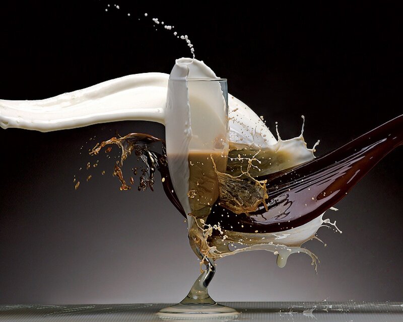 Coffee and Milk Splashing — Black, Dramatic, Photograph