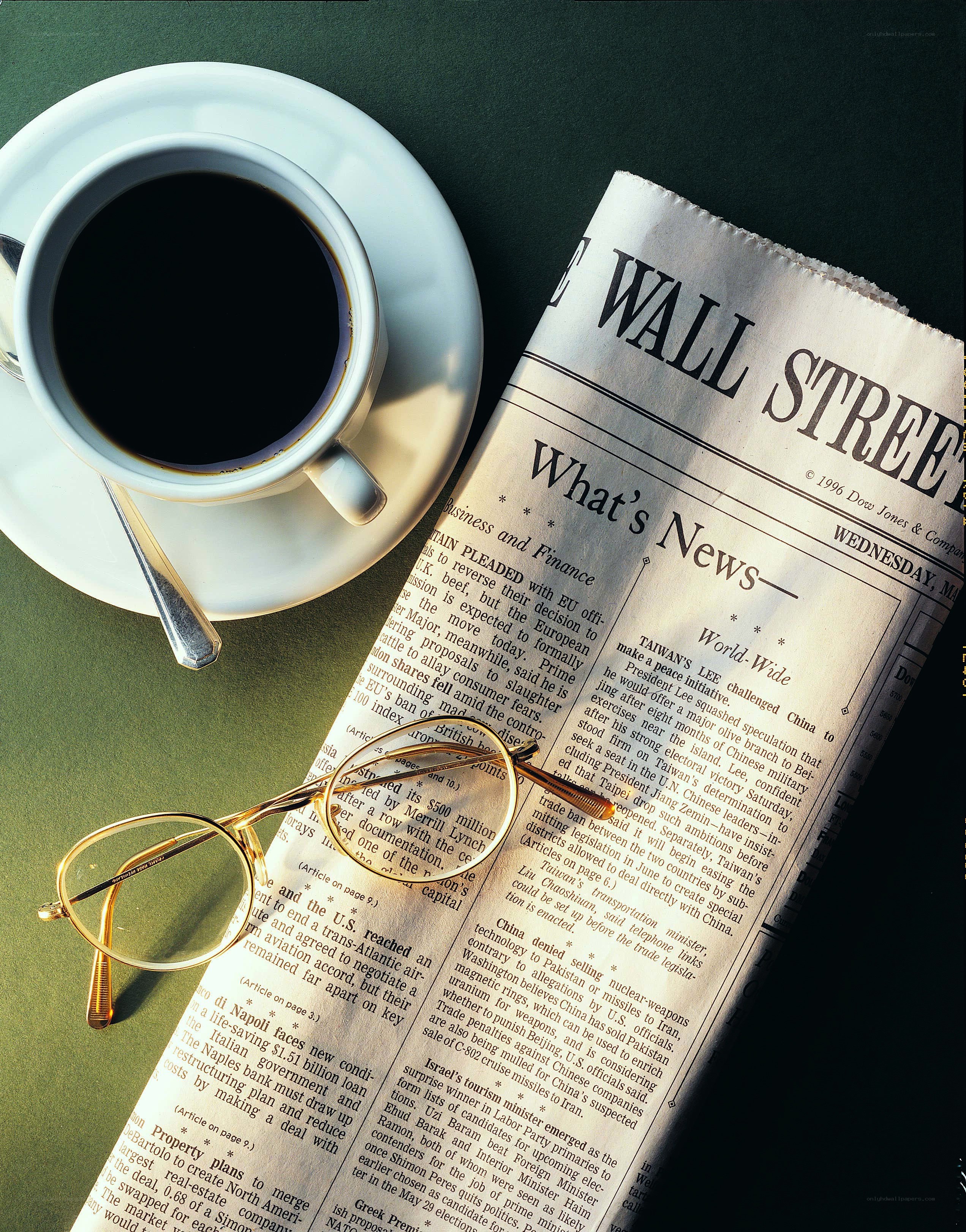 Coffee and newspaper on table