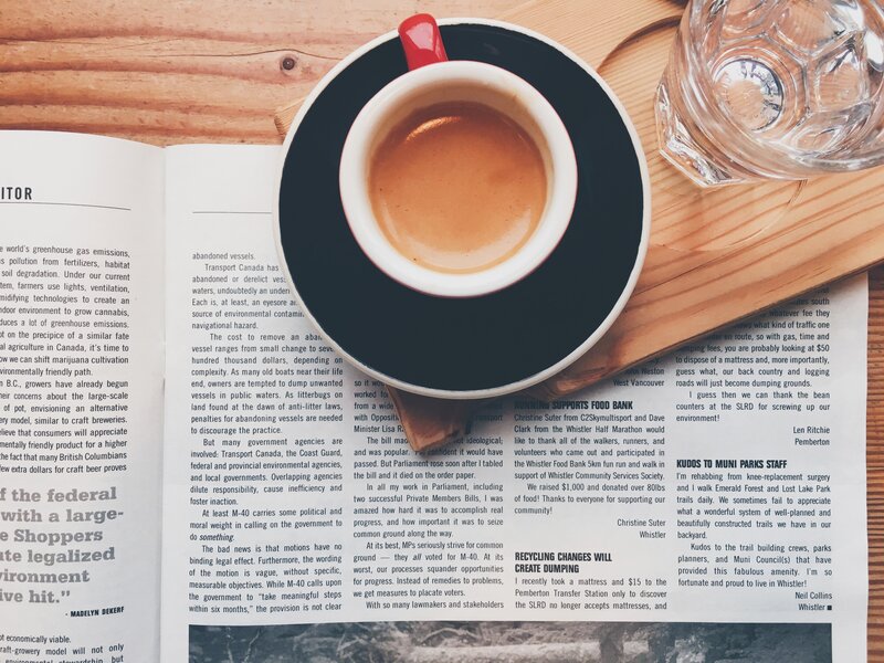 coffee and newspaper on wood