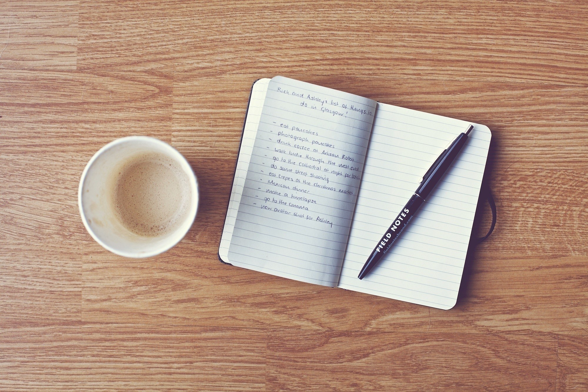 coffee and notebook on wood