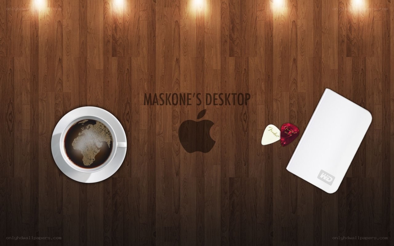 coffee and tech on wood