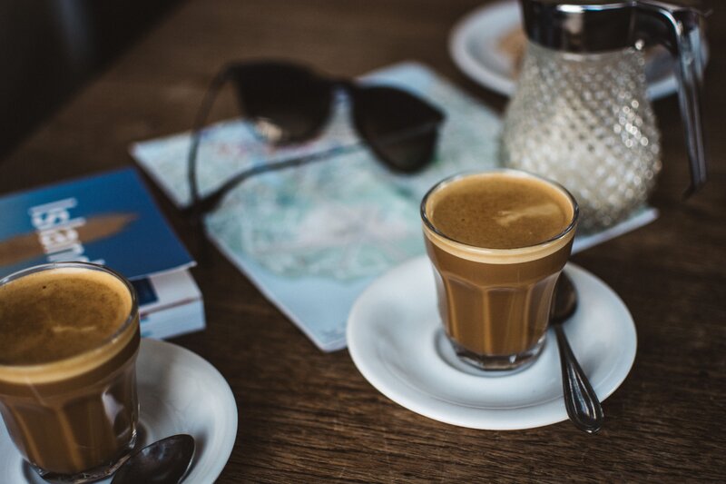 Coffee and travel items on table