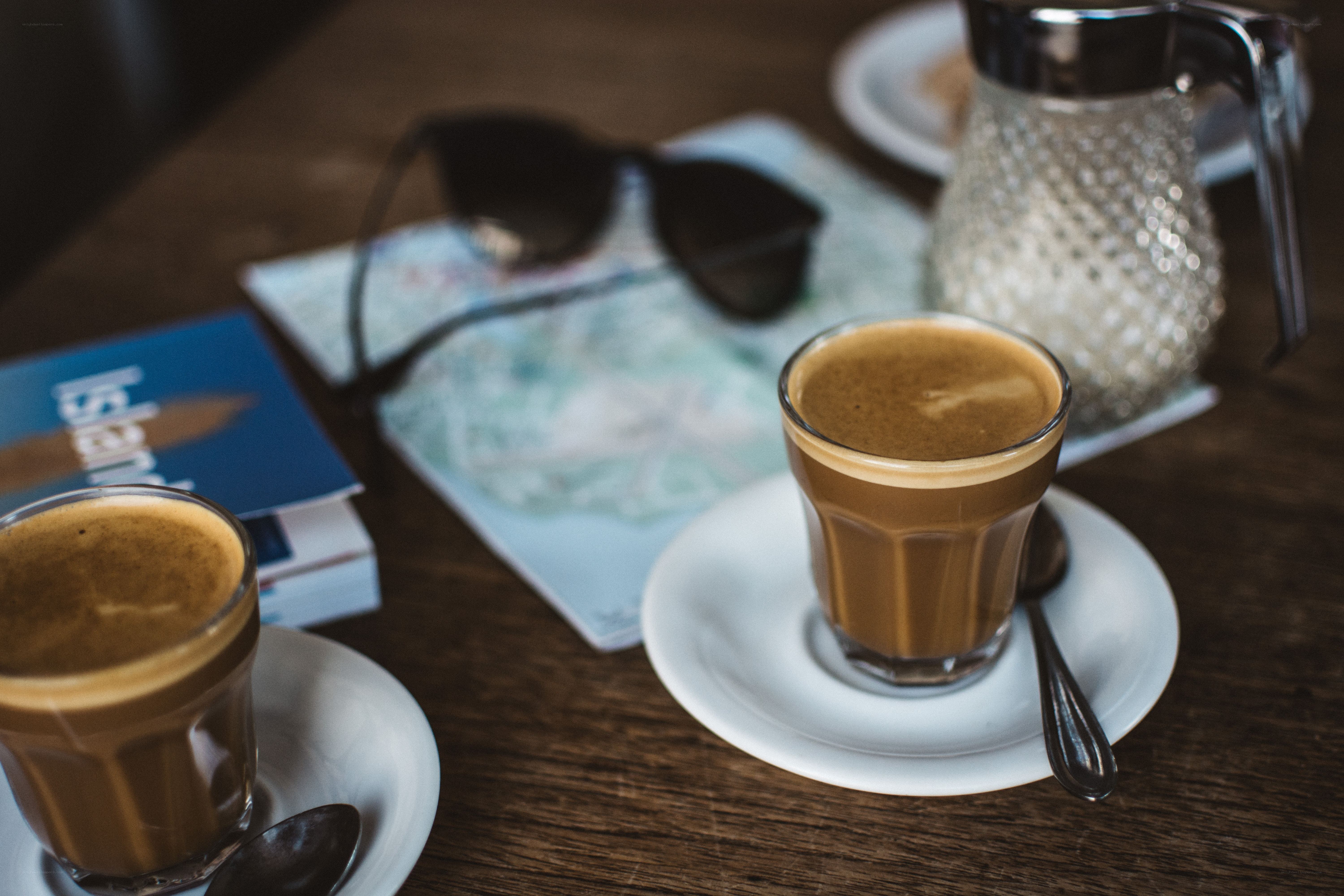 Coffee and travel items on table