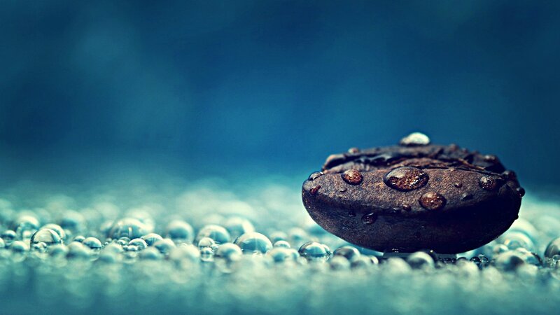 Coffee Bean with Water Droplets — Blue, Serene, Photograph, Water Droplets, Bubbles