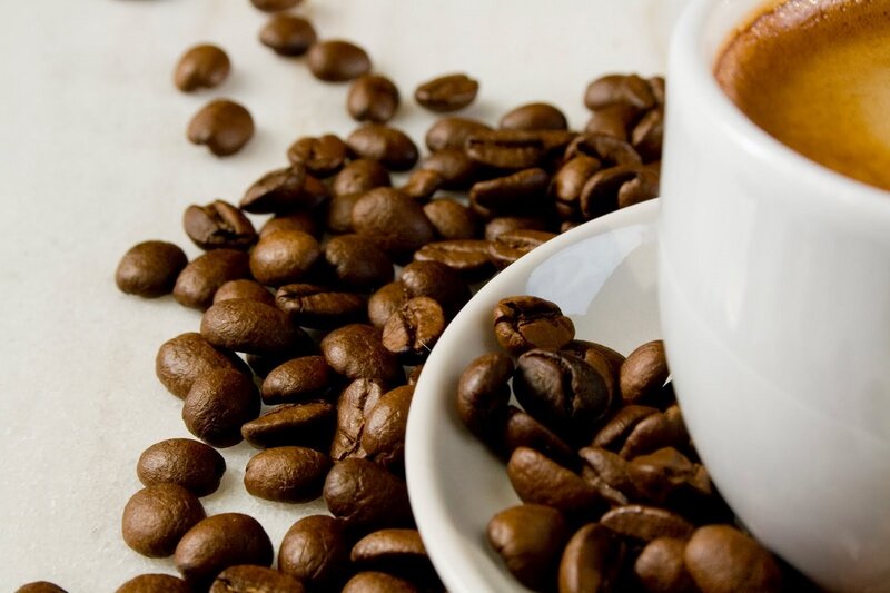 Coffee Beans and Cup — Brown, Calm, Photograph, Saucer