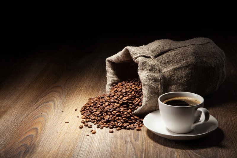 Coffee Beans and Cup — Brown, Dramatic, Photograph