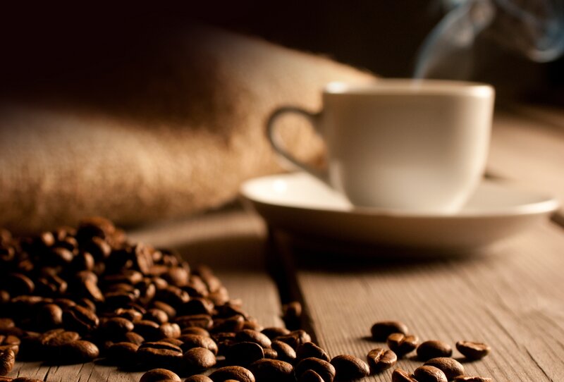 Coffee Beans and Cup — Brown, Warm, Photograph, Saucer