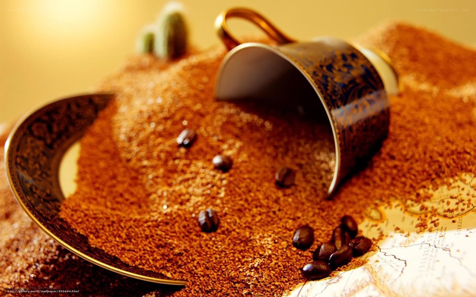 coffee beans and cup on map