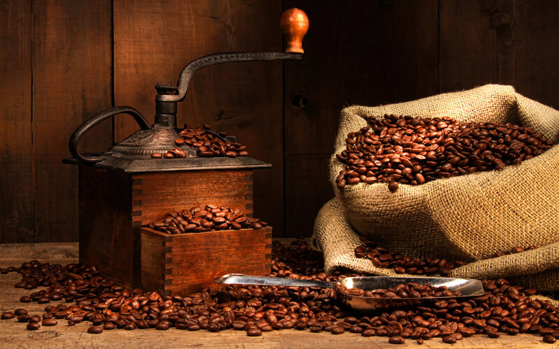 coffee beans and grinder