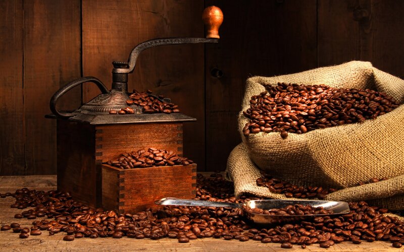 Coffee Beans and Grinder — Brown, Dramatic, Photograph, Sack, Wooden Box