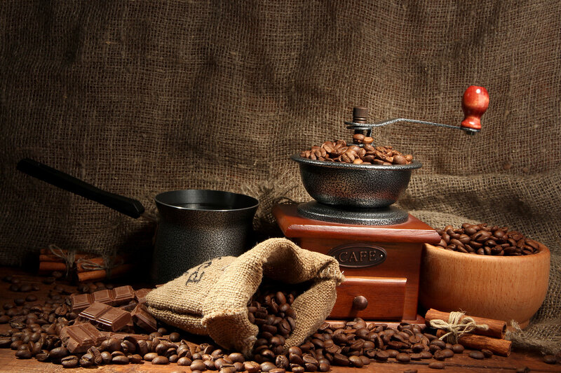 Coffee Beans and Grinder — Brown, Dramatic, Photograph
