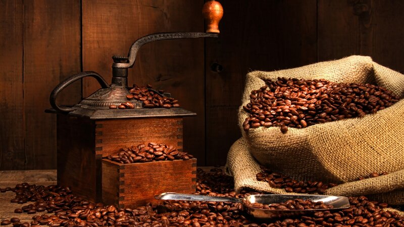 Coffee Beans and Grinder — Brown, Dramatic
