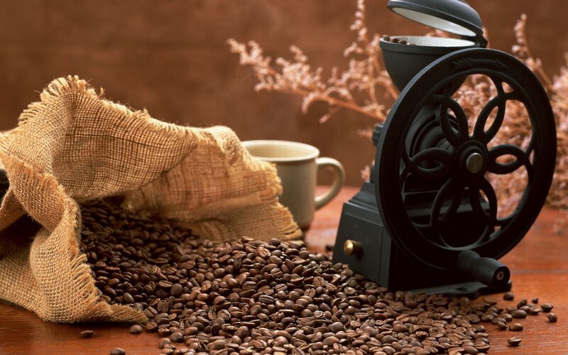 Coffee Beans and Grinder — Brown, Warm, Photograph, Burlap Sack, Cup