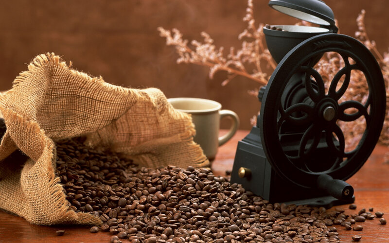 Coffee Beans and Grinder — Brown, Warm, Photograph, Burlap Sack