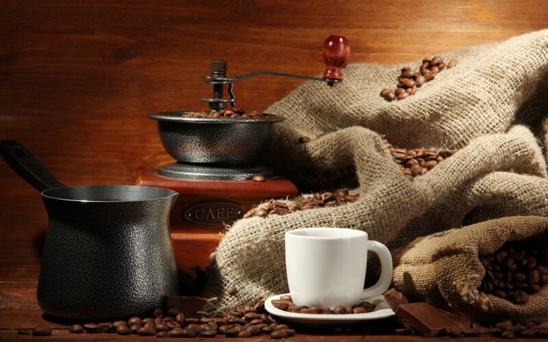 Coffee Beans and Grinder — Brown, Warm, Photograph, Cup