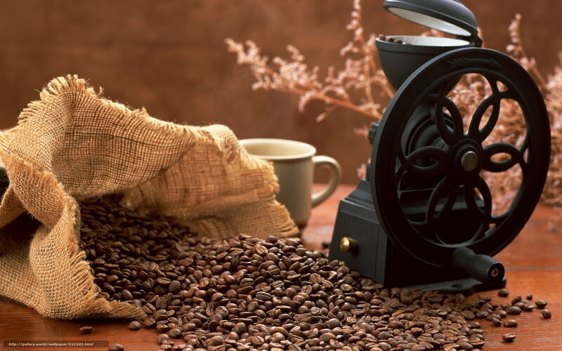 Coffee Beans and Grinder — Brown, Warm, Photograph, Sack