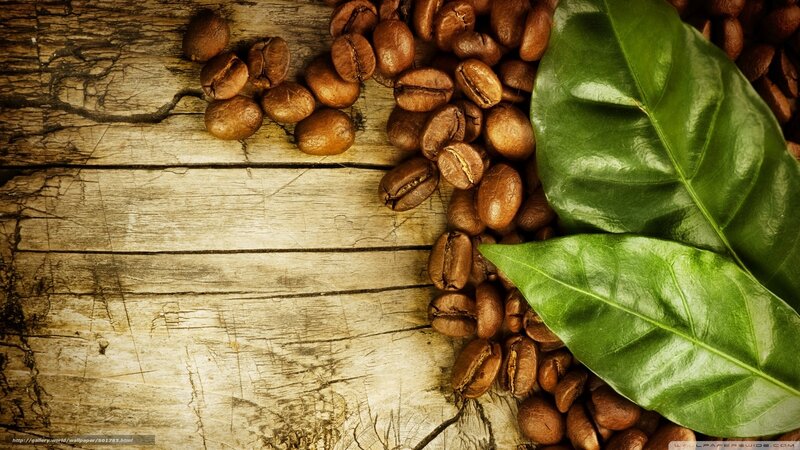 coffee beans and leaves on wood