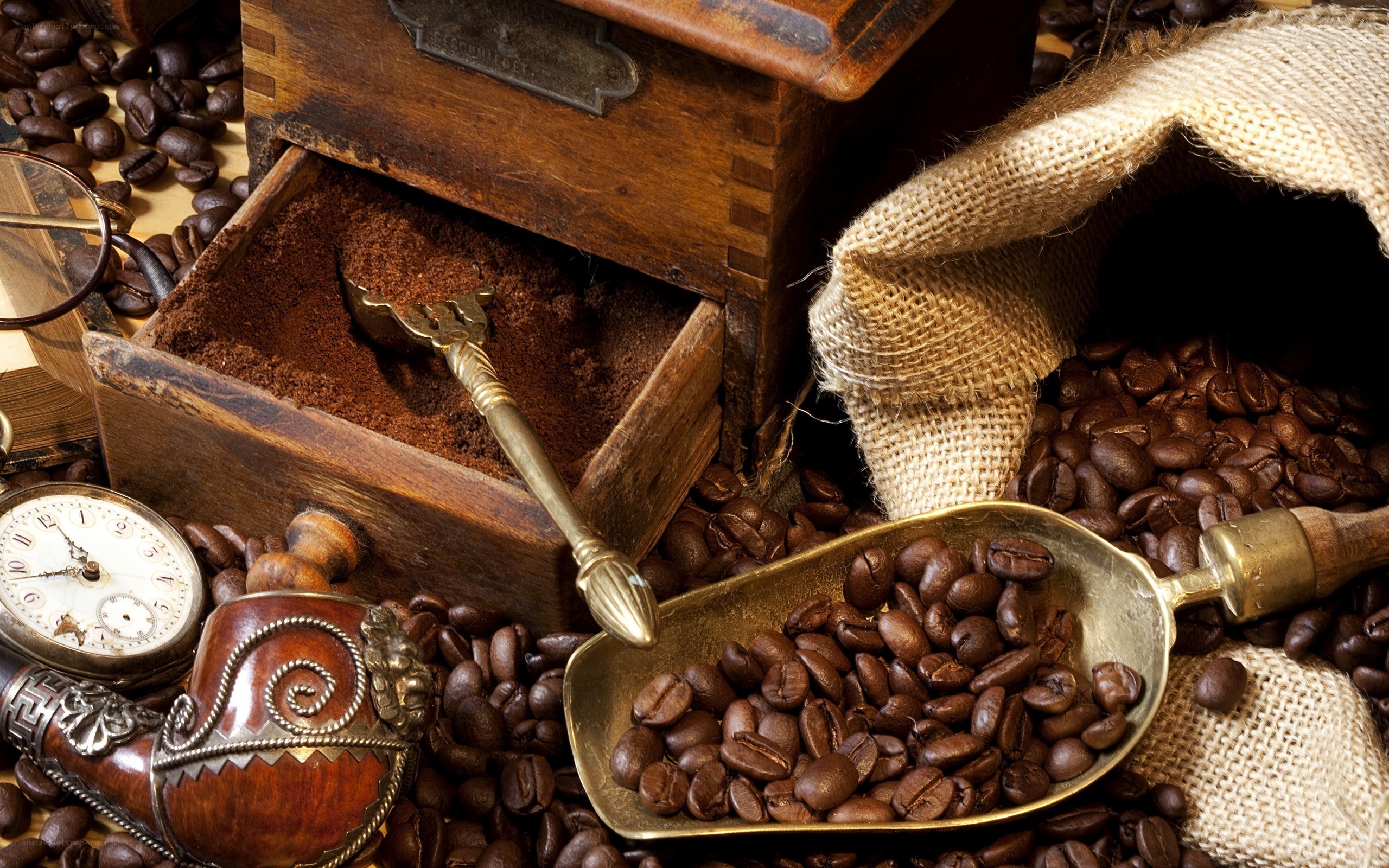 coffee beans and vintage grinder