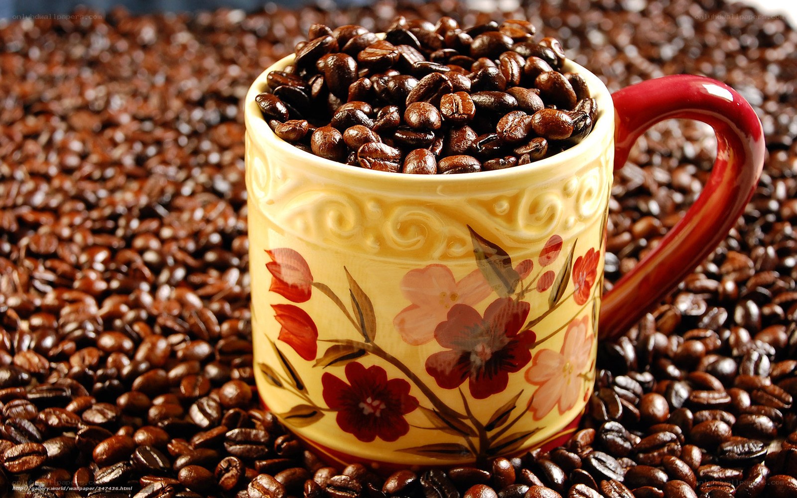 coffee beans in a floral mug