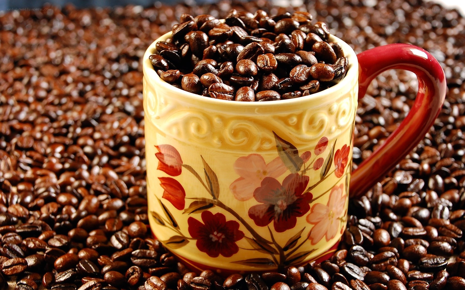 coffee beans in a floral mug