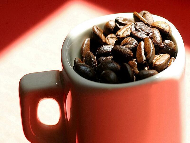 Coffee Beans in a Mug — Red, Dramatic, Photograph, Coffee Beans