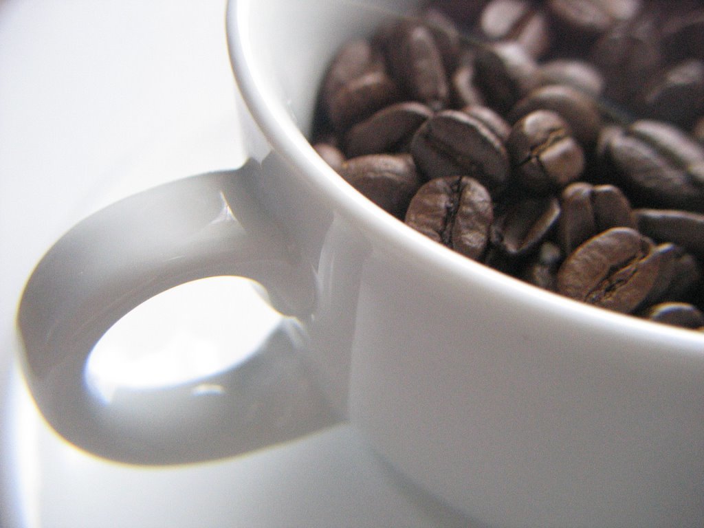 coffee beans in a white cup