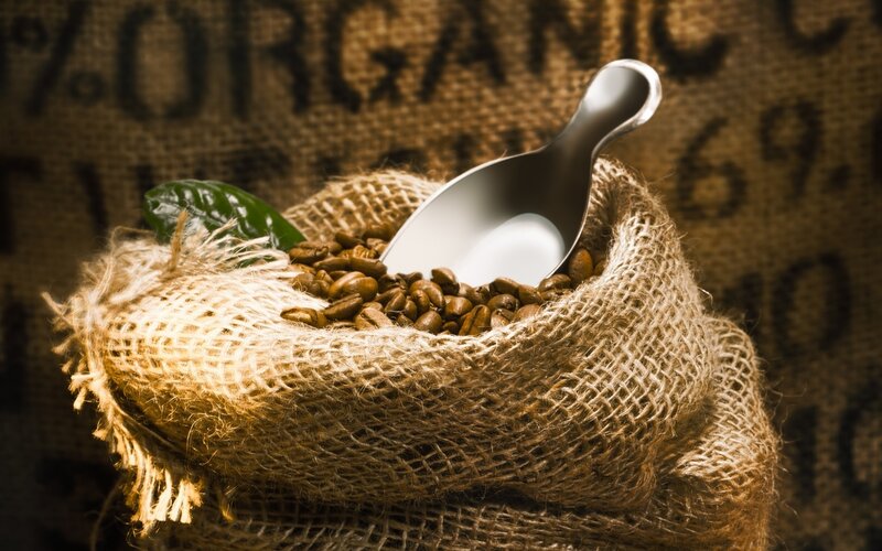 Coffee Beans in Burlap Sack — Brown, Dramatic, Photograph