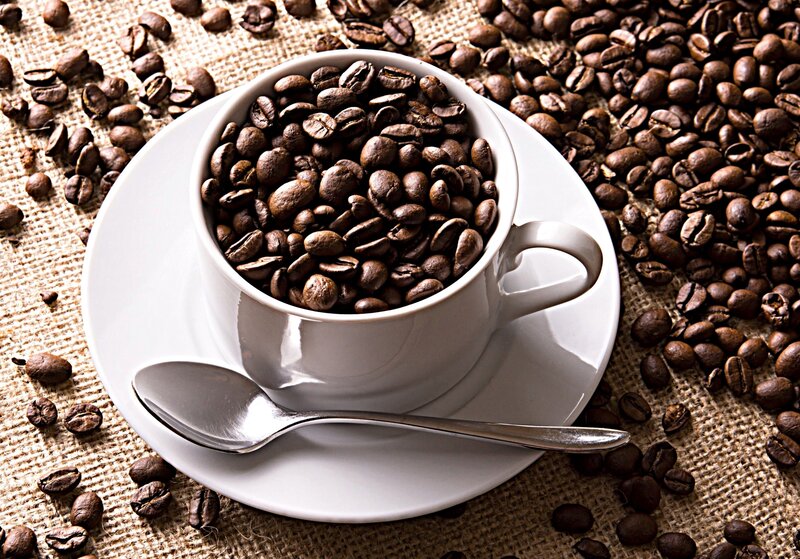 Coffee Beans in Cup — Brown, Calm, Photograph, Saucer, Spoon, Burlap