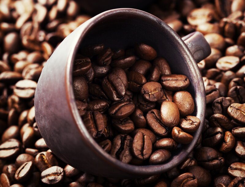 Coffee Beans in Cup — Brown, Dramatic, Photograph, Background