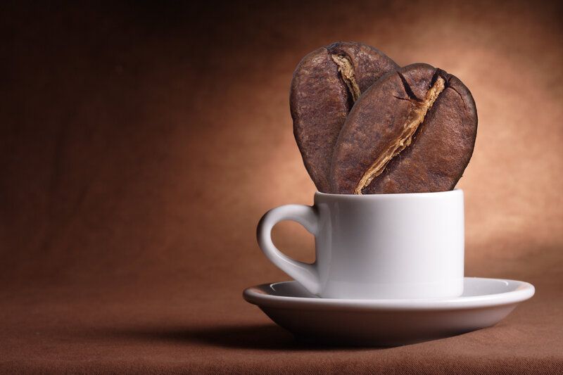 Coffee Beans in Cup — Brown, Dramatic, Photograph, Saucer, White