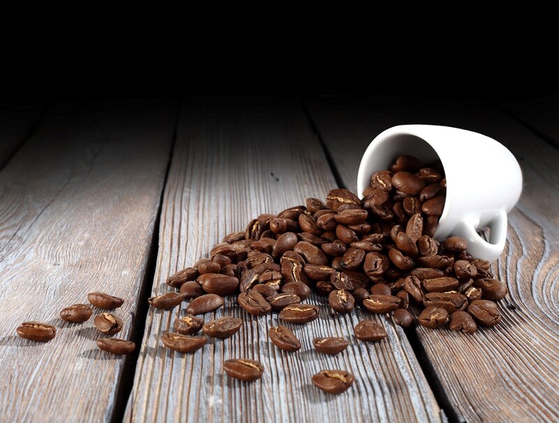Coffee Beans in Cup — Brown, Dramatic, Photograph