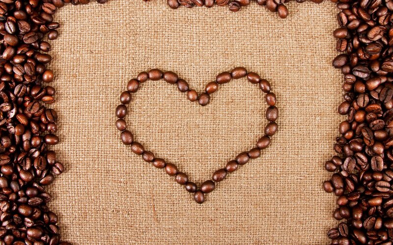 Coffee Beans in Heart Shape — Brown, Calm, Photograph, Burlap Fabric