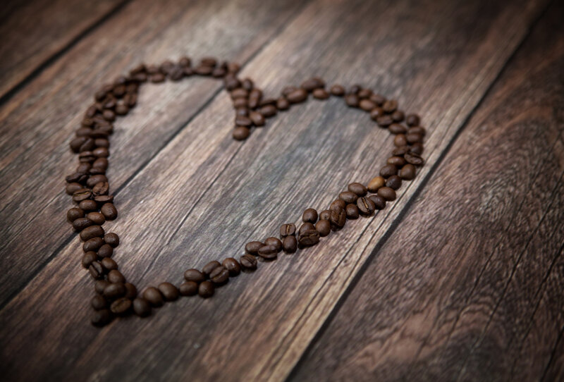 Coffee Beans in Heart Shape — Brown, Calm, Photograph, Wooden Surface
