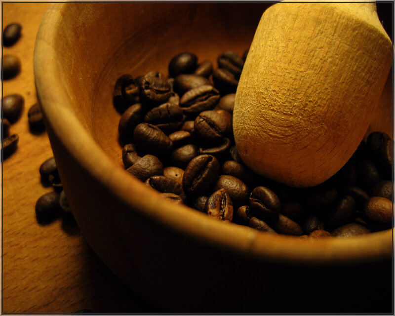 coffee beans in wooden bowl