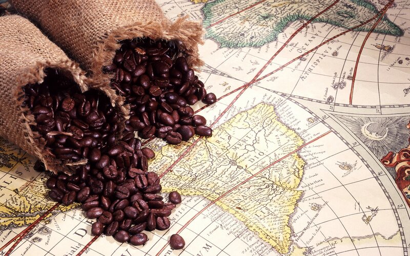 Coffee Beans on Map — Brown, Calm, Photograph, Burlap Sacks