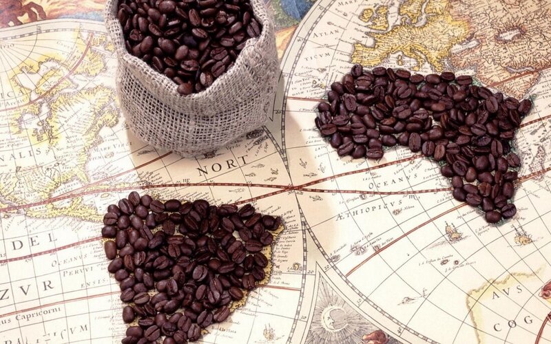 Coffee Beans on Map — Brown, Calm, Photograph, Sack
