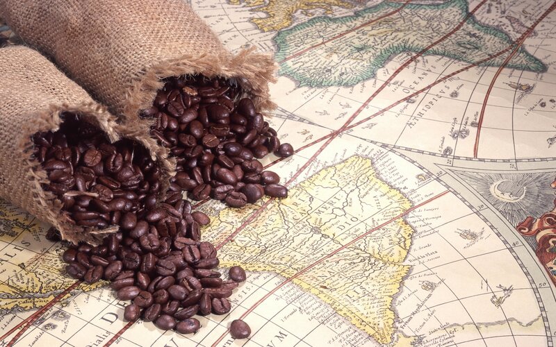 Coffee Beans on Map — Brown, Historical, Photograph