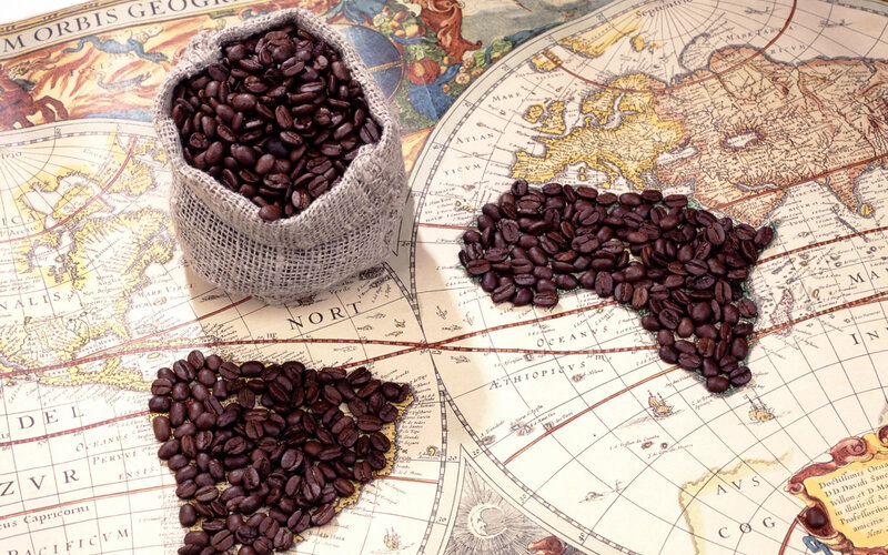 coffee beans on world map